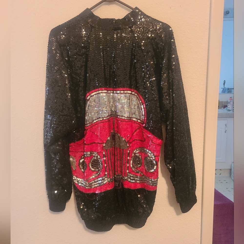 Sequin Silk Bomber Jacket with Car Design